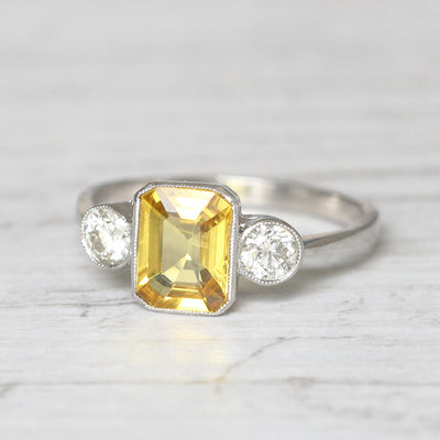 Vintage Style 1.70 Carat Yellow Sapphire and Diamond Three Stone