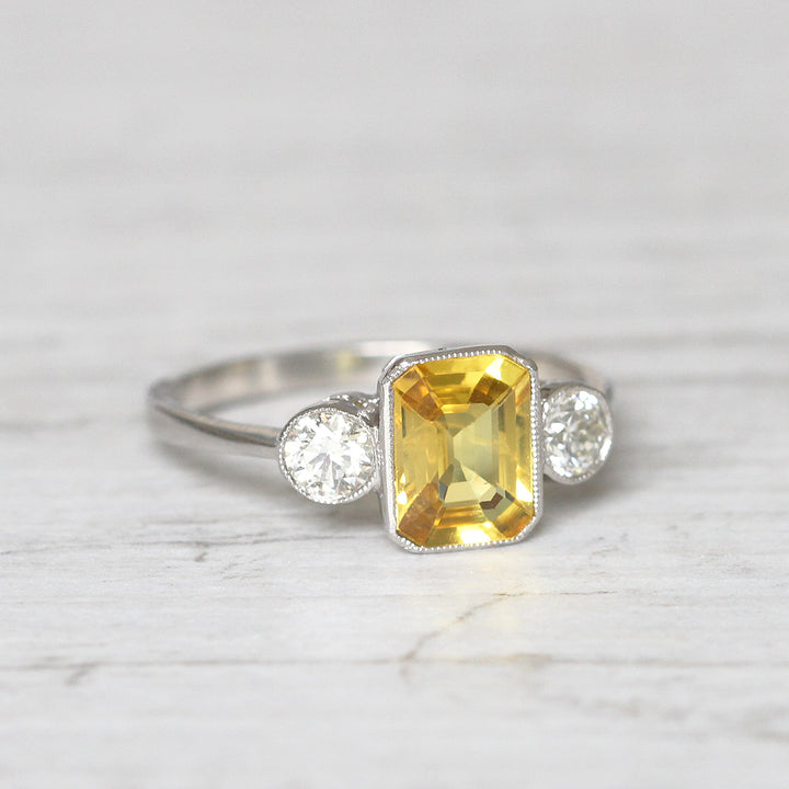 Vintage Style 1.70 Carat Yellow Sapphire and Diamond Three Stone
