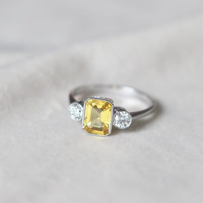 Vintage Style 1.70 Carat Yellow Sapphire and Diamond Three Stone