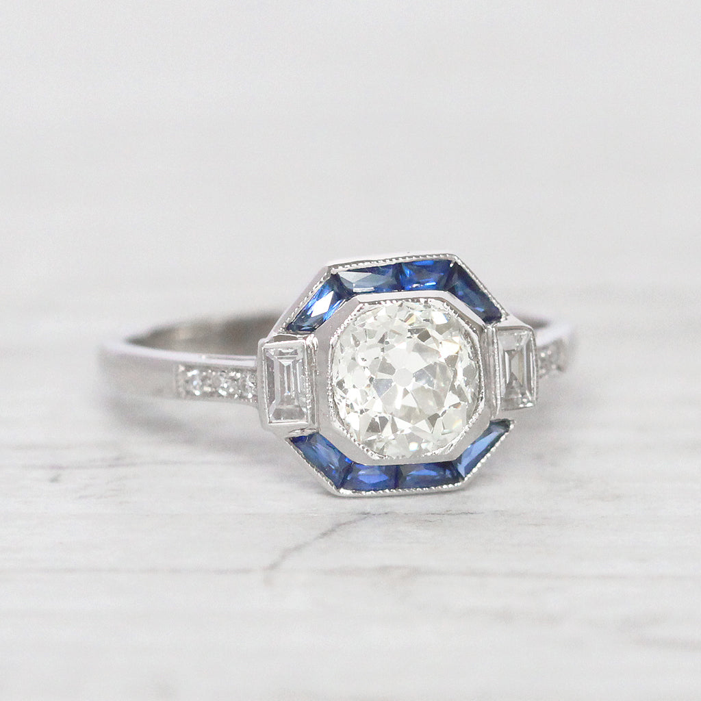 Art Deco Style 0.98 Carat Old European Cut Diamond and Sapphire Halo Cluster