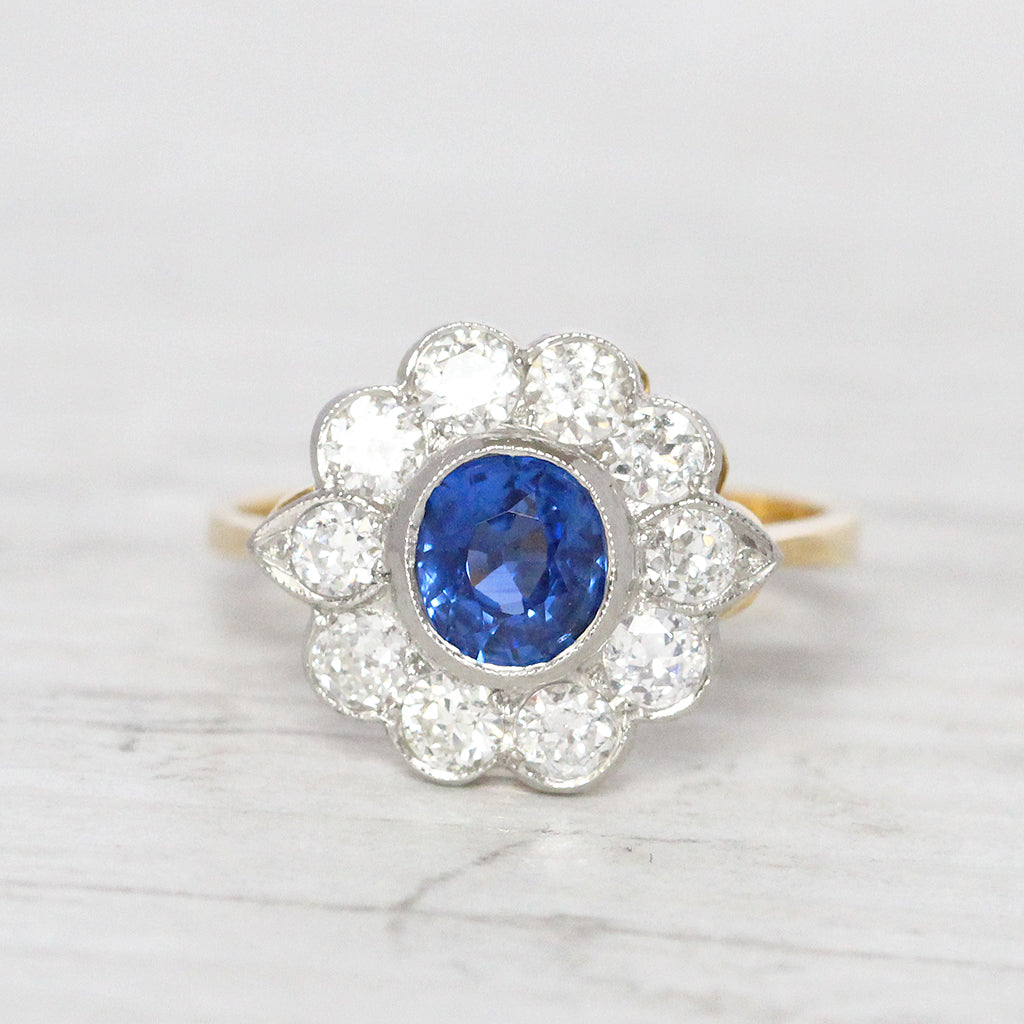 Vintage Style 1.10 Carat Sapphire and Old Cut Diamond Cluster