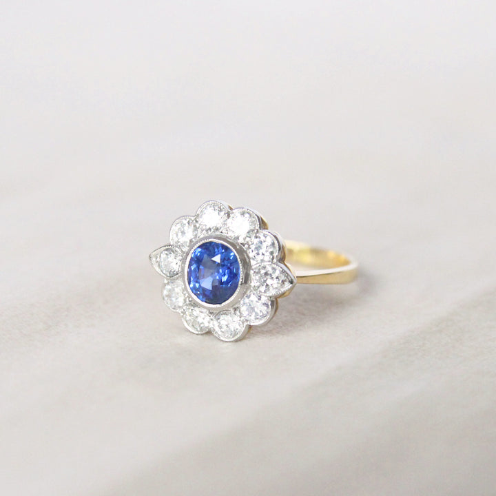 Vintage Style 1.10 Carat Sapphire and Old Cut Diamond Cluster