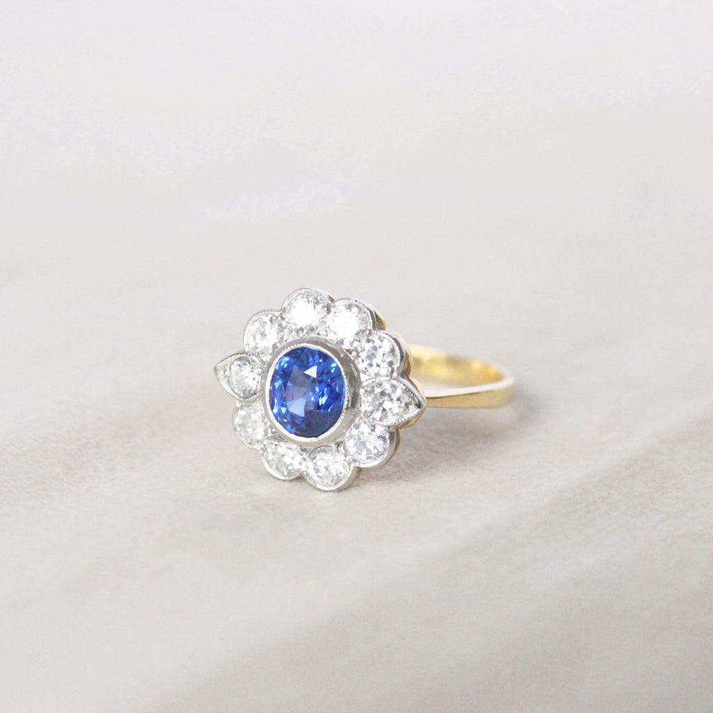 Vintage Style 1.10 Carat Sapphire and Old Cut Diamond Cluster