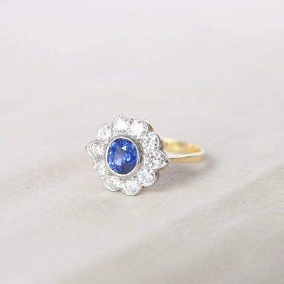 Vintage Style 1.10 Carat Sapphire and Old Cut Diamond Cluster