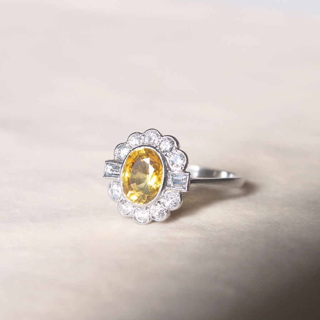 Vintage Style 1.77 Carat Yellow Sapphire and Diamond Cluster