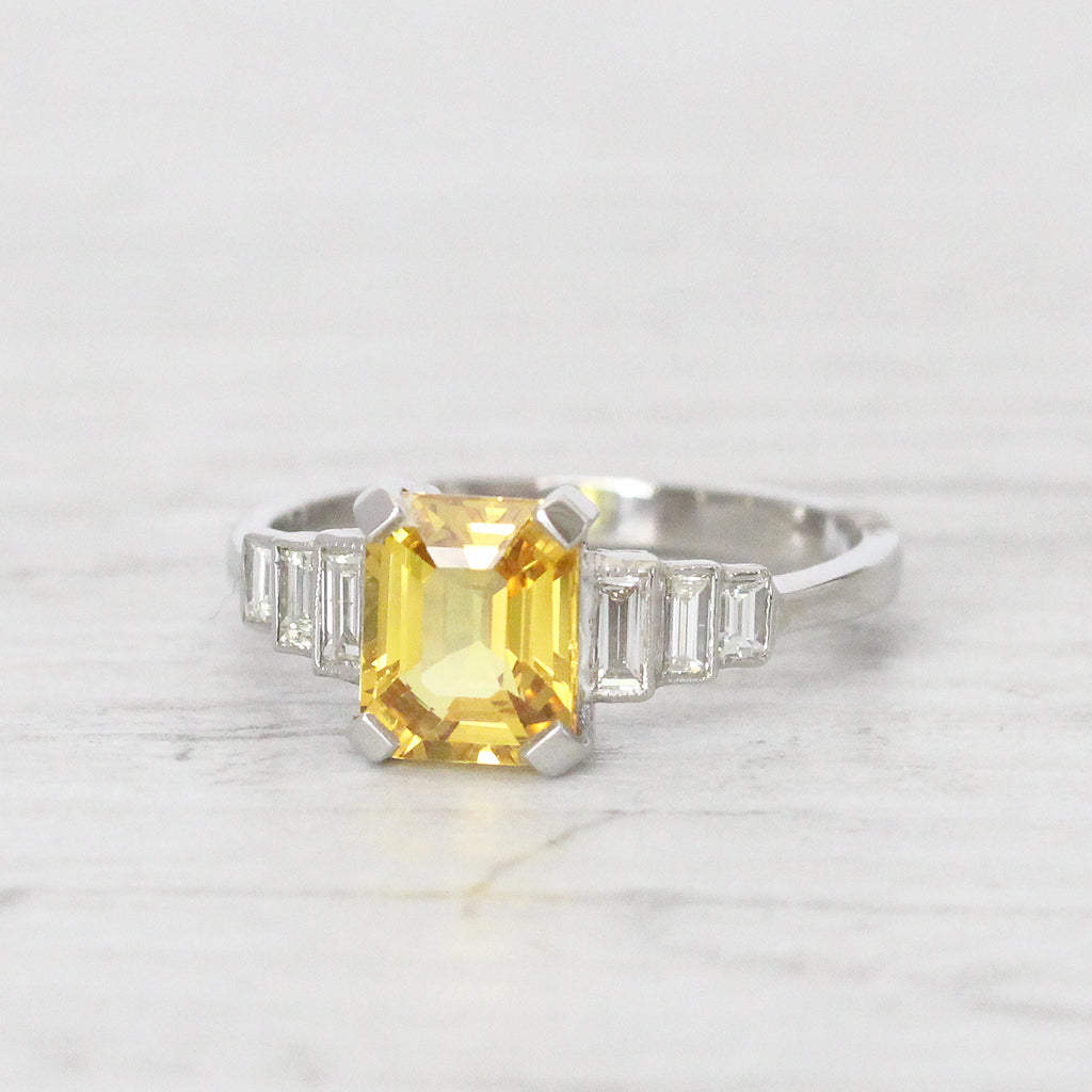 Art Deco Style 2.10 Carat Yellow Sapphire and Diamond Ring