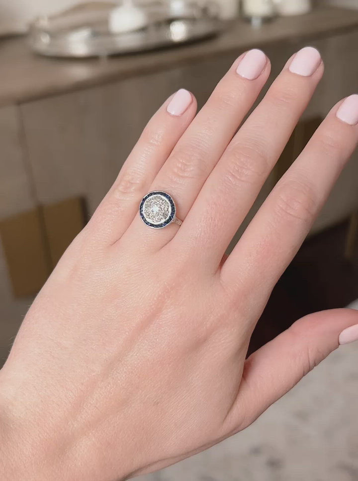 Art Deco Old Cut Diamond and Sapphire Target Cluster