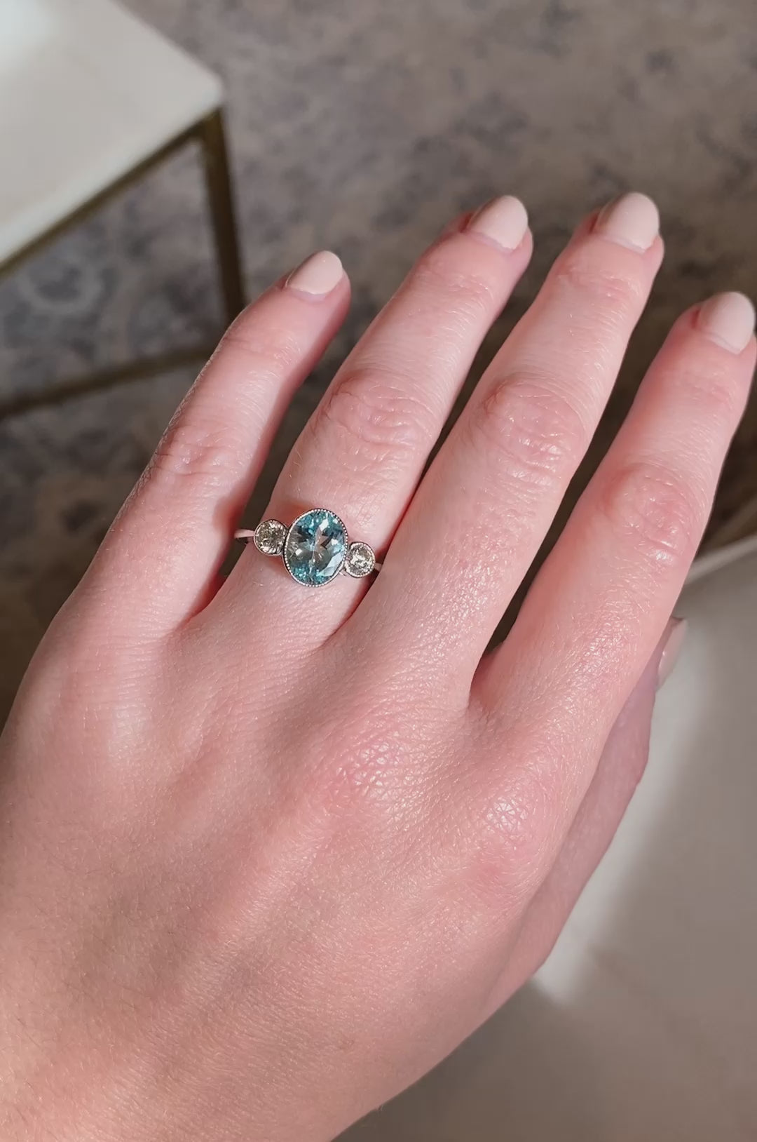 Vintage Style 1.40 Carat Aquamarine and Diamond Three Stone